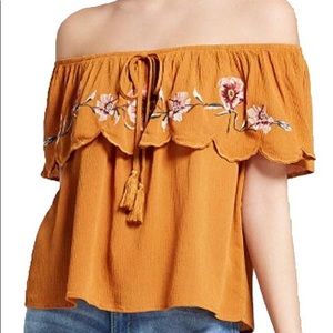 Mustard yellow, off the shoulder top